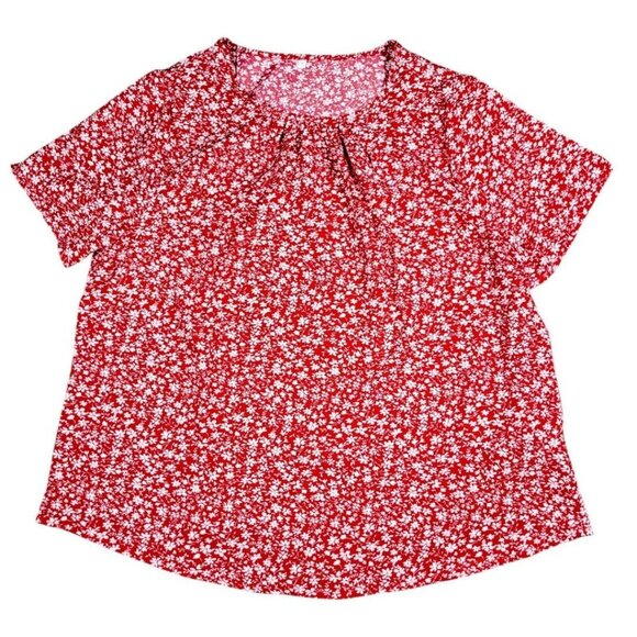 Womens Vibrant Red Floral Print Blouse Plus 1X 2X Short Sleeve Gathered Neckline - Picture 6 of 11